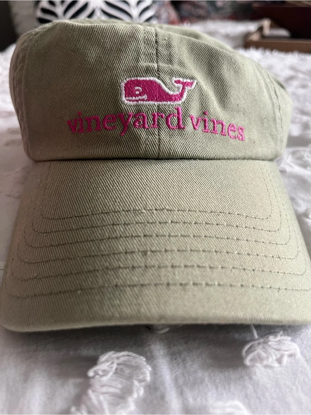 Vineyard Vines Olive Cap with Pink Whale & Logo